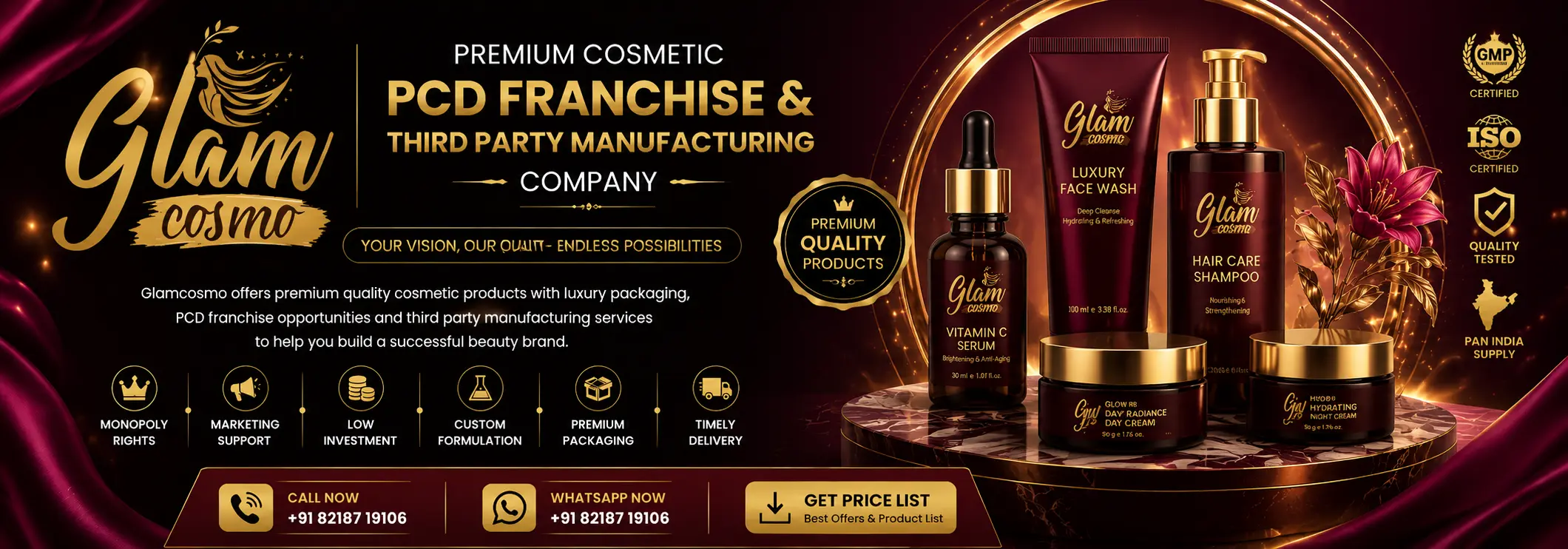 Glamcosmo premium cosmetic PCD franchise and third party manufacturing company banner with luxury skincare and haircare products